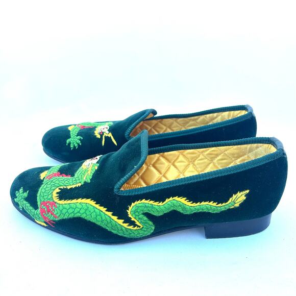 Shipton & Heneage Men’s Velvet Smoking Slippers Loafers Green Dragon Quilt US 9 - Picture 5 of 9